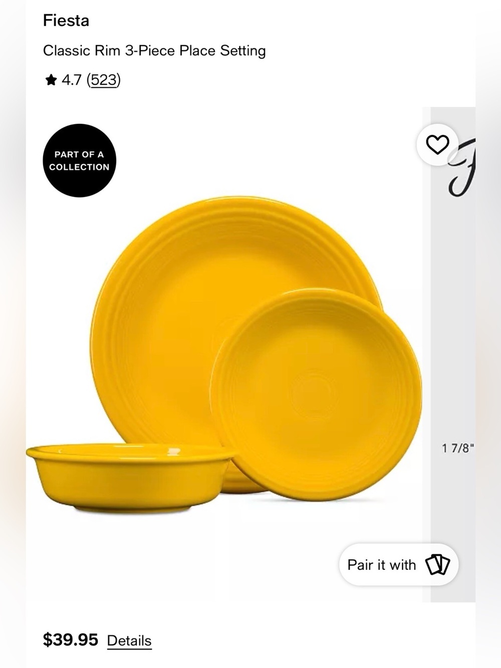 Fiestaware Classic Rim 3-Piece Place Setting in Yellow “Daffodil”